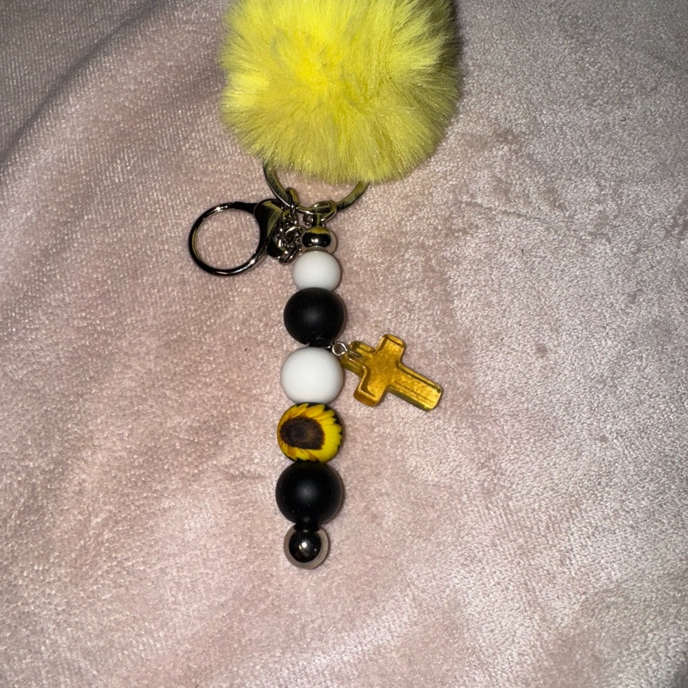 Yellow Pom Pom Keychain with Beads and Cross